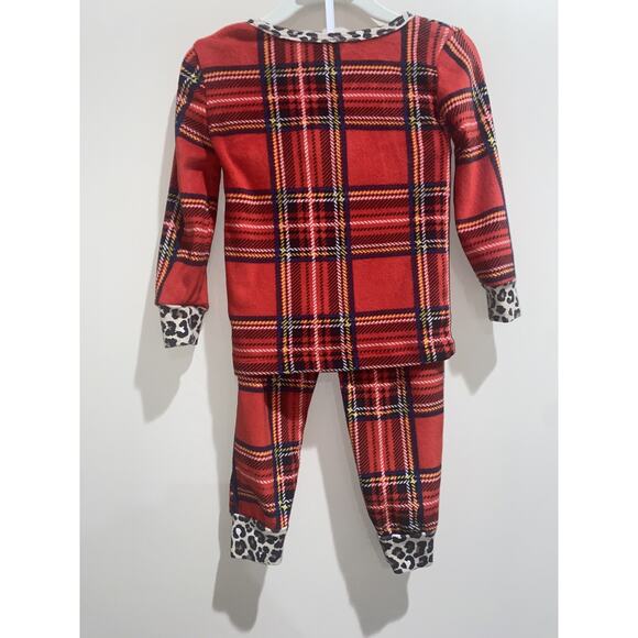 BETSEY JOHNSON 2T Red Plaid Cheetah Pajama Set Baby Girl Fleece Fall Winter - Picture 2 of 5